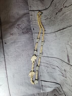 Long Hand Carved Vintage Elephant Necklace 30in Beaded Ivory Colored Clear Bead
